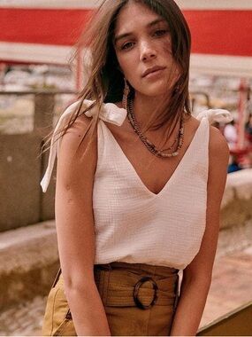 White bow tie strap muslin cotton gauze flowy cottagecore boho tank top NWT L